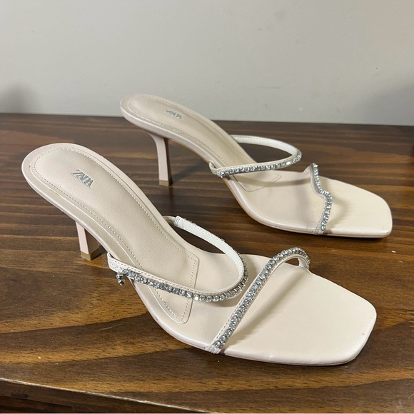 Zara Sandals Crystal Nude Strappy Heels Sz 40 - Picture 4 of 4
